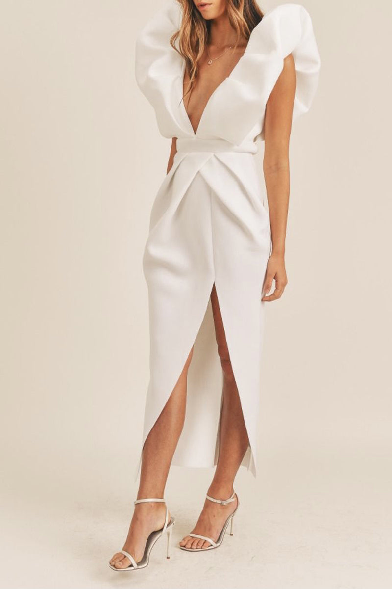 Scuba Deep V-Neck Puff Sleeve Maxi Dress – Subtle & Chic